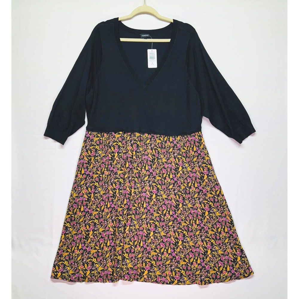 TORRID NWT Black Gold Purple Sweater Dress 3/4 Sleeves V-neck‎ Womens 3X 22-24